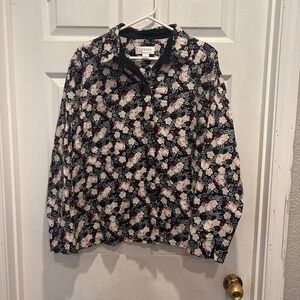 CJ Banks Womens 1X Button Down Shirt Floral Print Long Sleeve Linen Blend